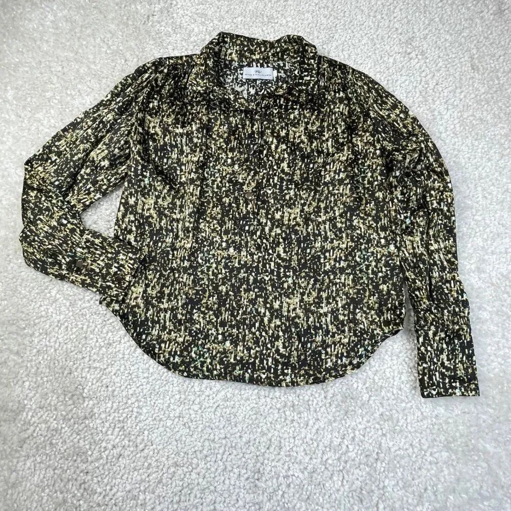 Never A Wallflower Silk Popover Blouse Green Black Print Womens XS